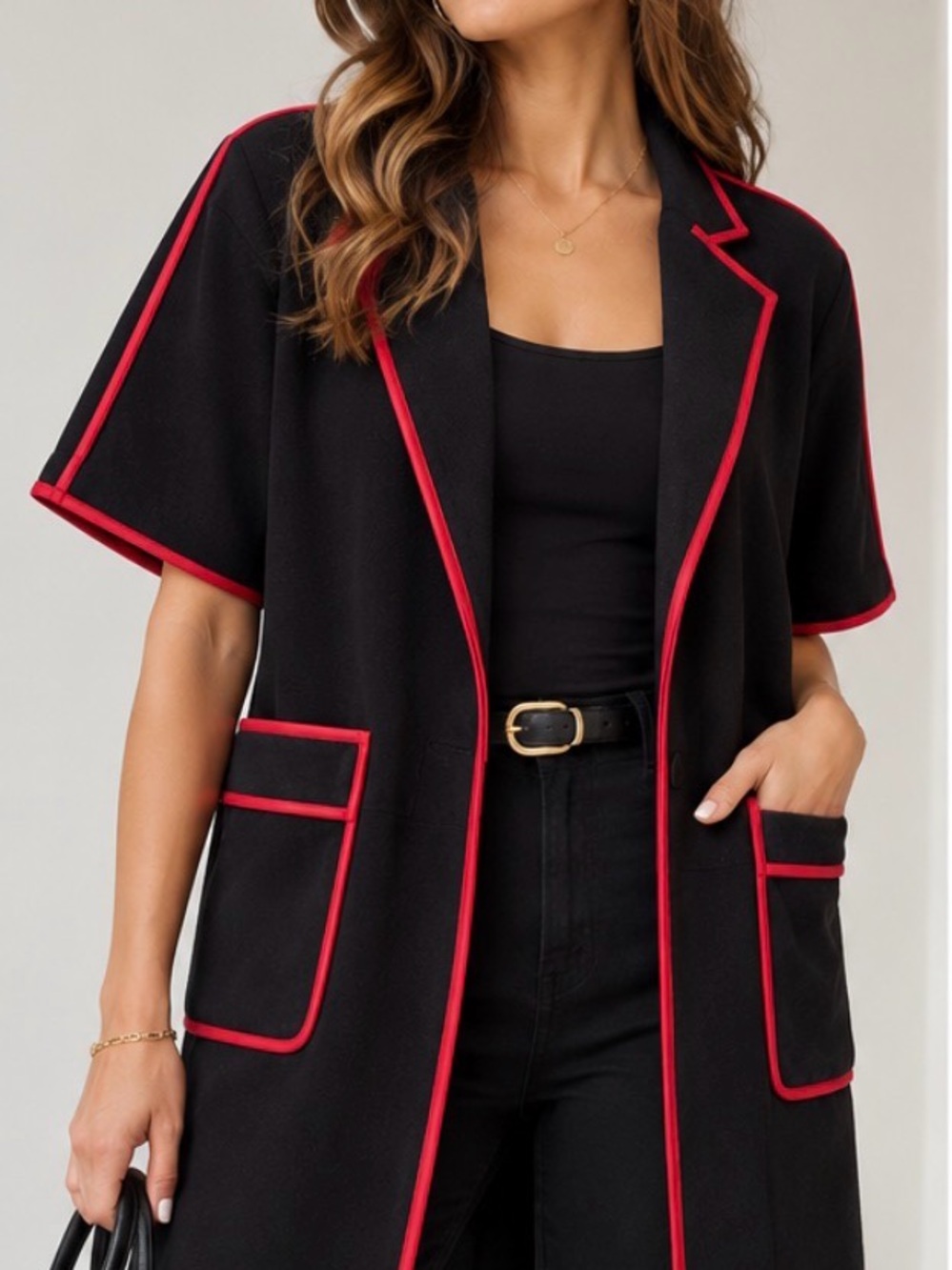 New York & Company Black Wool Blend Short Sleeve Jacket Red Trim Size M